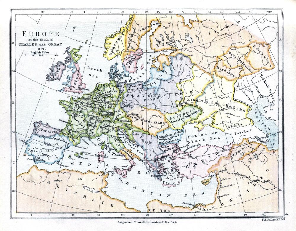 Europe at 814 A.D. (british map of europe at the time of death of Charles the Great - Charlemagne - 2nd reich)